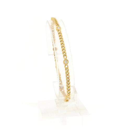 18 Krt. Gouden platte gourmetschakel armband met diamant;..., Handtassen en Accessoires, Armbanden, Overige kleuren, Gebruikt