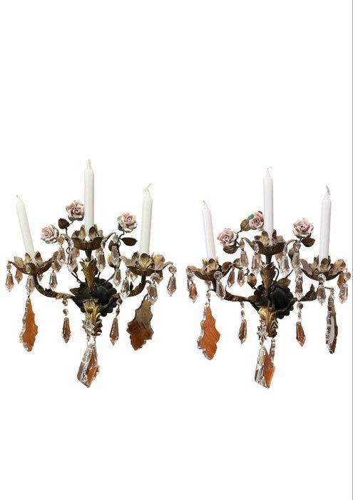 Chandelier Céramique polychrome et cristal - fer forgé -, Antiquités & Art, Curiosités & Brocante