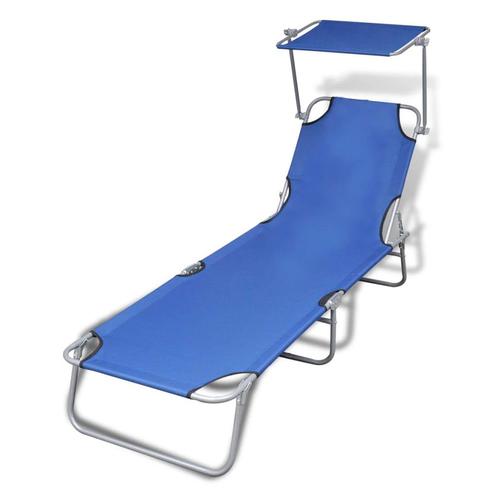 vidaXL Ligbed inklapbaar met luifel staal en stof blauw, Tuin en Terras, Ligbedden, Nieuw, Verzenden