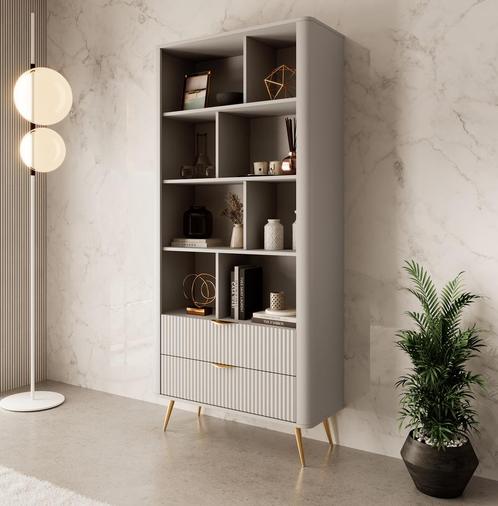 Meubella | Boekenkast beige 88cm lattenpatroon, Huis en Inrichting, Kasten | Boekenkasten, 25 tot 50 cm, Nieuw, 50 tot 100 cm