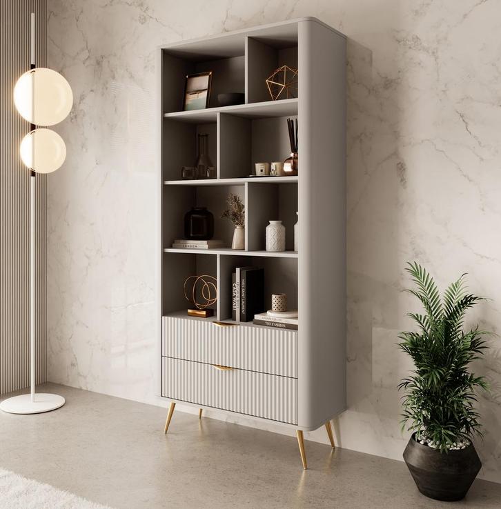 Meubella | Boekenkast beige 88cm lattenpatroon, Huis en Inrichting, Kasten | Boekenkasten, 25 tot 50 cm, Nieuw, 50 tot 100 cm