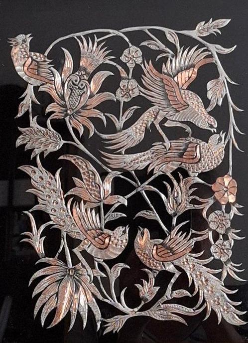 Lijst - Glas, Hout, metaal (koper/zilverlegering) - vogels, Antiek en Kunst, Kunst | Niet-Westerse kunst