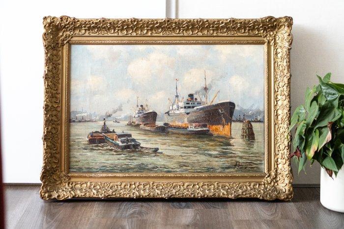 Jan Schipper (1899-1961) - Schepen in Rotterdamse haven, Antiek en Kunst, Kunst | Schilderijen | Klassiek