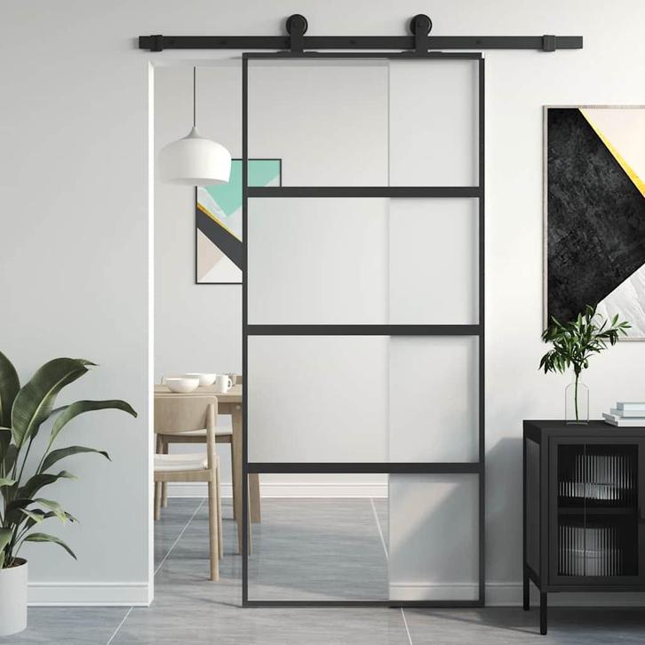 vidaXL Schuifdeur 90x205 cm gehard glas en aluminium zwart, Doe-het-zelf en Bouw, Deuren en Vliegenramen, Nieuw, Verzenden