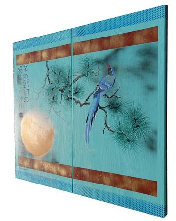 Ksavera - Japanese bird J349 - turquoise painting - diptych