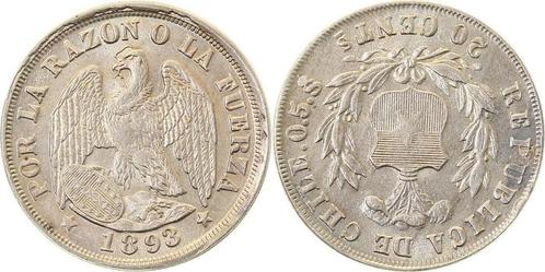 20 Centavos 1893 Chile leicht dezentriert unzirkuliert zi..., Postzegels en Munten, Munten | Amerika, Verzenden