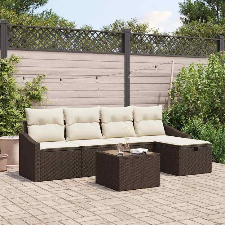 vidaXL Bankstel met kussen met opslag 6 pcs Bruin poly, Tuin en Terras, Tuinsets en Loungesets, Nieuw, Verzenden