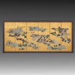 Byôbu  (vouwscherm) - Papier, Zijde, Gelakt hout,