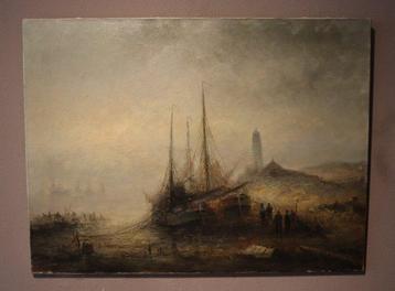 Gerrit Nijland (1931) - Zicht op kust met schepen