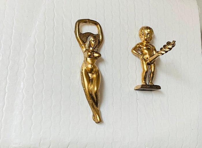 Flessenopener (2) - Verguld messing - Dame en cherub, Antiquités & Art, Curiosités & Brocante