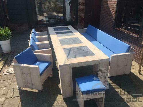 Steigerhouten tuinset Exclusieve met natuursteen steigerhout, Tuin en Terras, Tuinsets en Loungesets, Tuinset, Bank, Bijzettafel