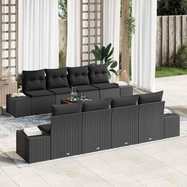vidaXL Tuinbank Set met kussen 9 pcs Zwart poly rattan, Tuin en Terras, Tuinsets en Loungesets, Nieuw, Verzenden