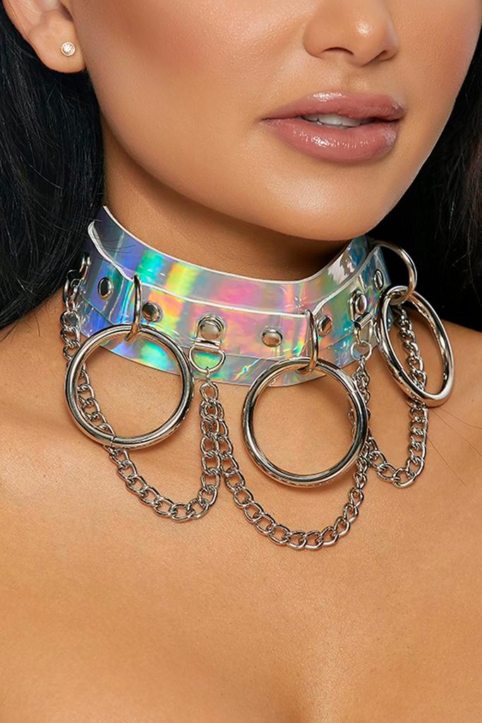 Choker Breed Zilver Ringen Holografisch Iridescent Collar Ha, Handtassen en Accessoires, Kettingen, Zilver, Nieuw, Ophalen of Verzenden