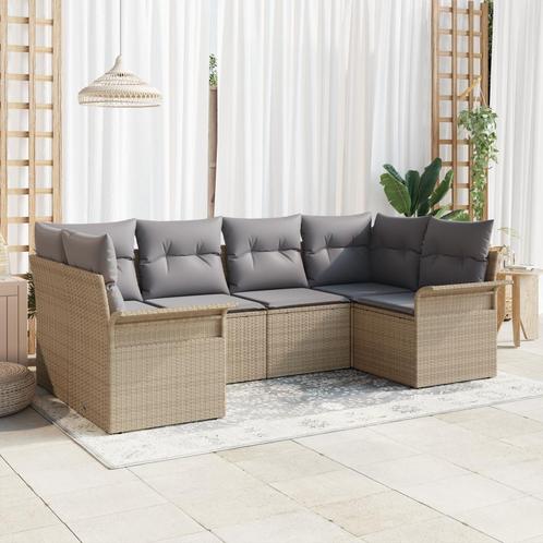 vidaXL 6-delige Tuinbankset met Kussens in Beige Poly Rattan, Tuin en Terras, Tuinsets en Loungesets, Nieuw, Verzenden