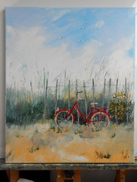 Axelle BOSLER - Le Vélo rouge de la Plage, Antiek en Kunst, Kunst | Schilderijen | Modern