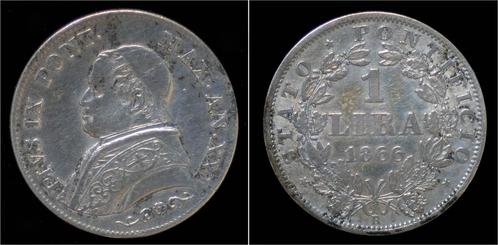 1 lire Italy Vatican City 1 lira 1866r zilver, Postzegels en Munten, Munten en Bankbiljetten | Toebehoren, Verzenden