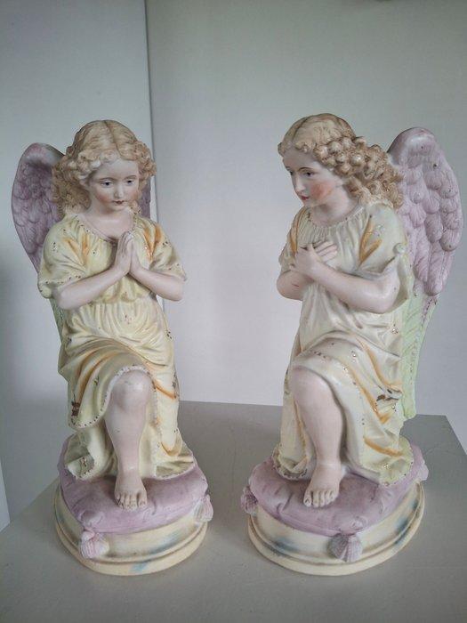 Beeld, Paar antieke biscuit porseleinen Engelen - 23.5 cm -, Antiquités & Art, Art | Art non-occidental