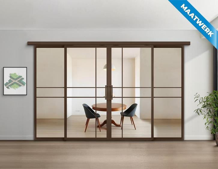 Dubbele stalen Schuifdeuren met koofsysteem en glaspanelen 6, Doe-het-zelf en Bouw, Raamkozijnen en Schuifdeuren, Nieuw, Inclusief glas