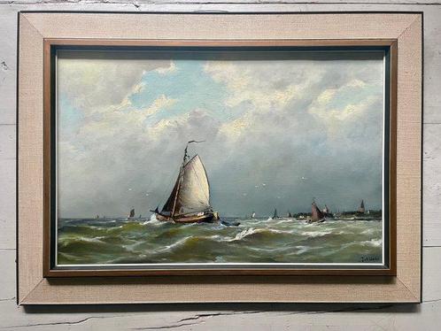 Jan van der Linde (1864-1945) - Botters op zee - NO RESERVE-, Antiek en Kunst, Kunst | Schilderijen | Klassiek