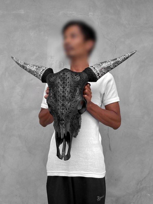 GEEN RESERVEPRIJS - Authentieke zwarte koe schedel met, Antiek en Kunst, Kunst | Designobjecten