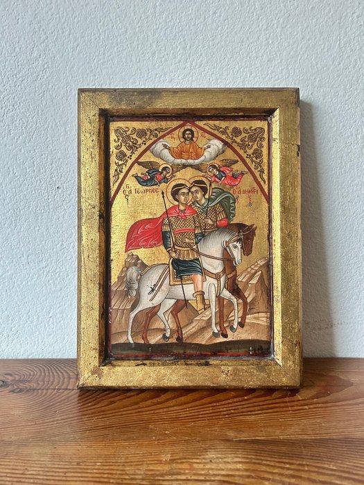 Icoon - Twee heiligen - Hout - Handgeschilderd - 20 x 27 cm, Antiek en Kunst, Antiek | Boeken en Manuscripten