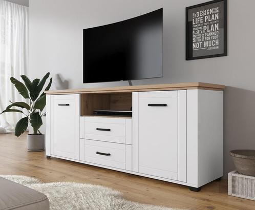 TV-Meubel wit eiken landelijk 161,2x41x66,5 cm, Huis en Inrichting, Kasten |Televisiemeubels, 50 tot 75 cm, Nieuw, Overige materialen
