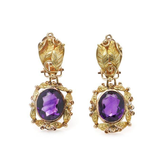 Oorbellen Antieke 18K goud amethist klem-oorbellen, Handtassen en Accessoires, Oorbellen