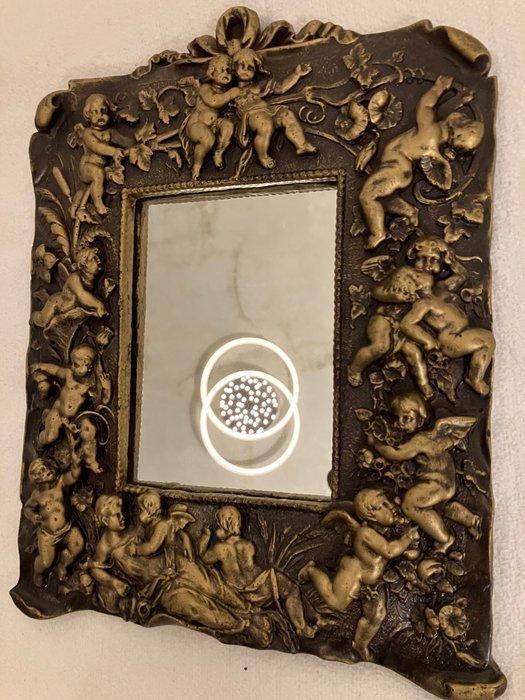 Wandspiegel - Gips, Glas - Engel en bloemrijk ornament, Antiek en Kunst, Curiosa en Brocante