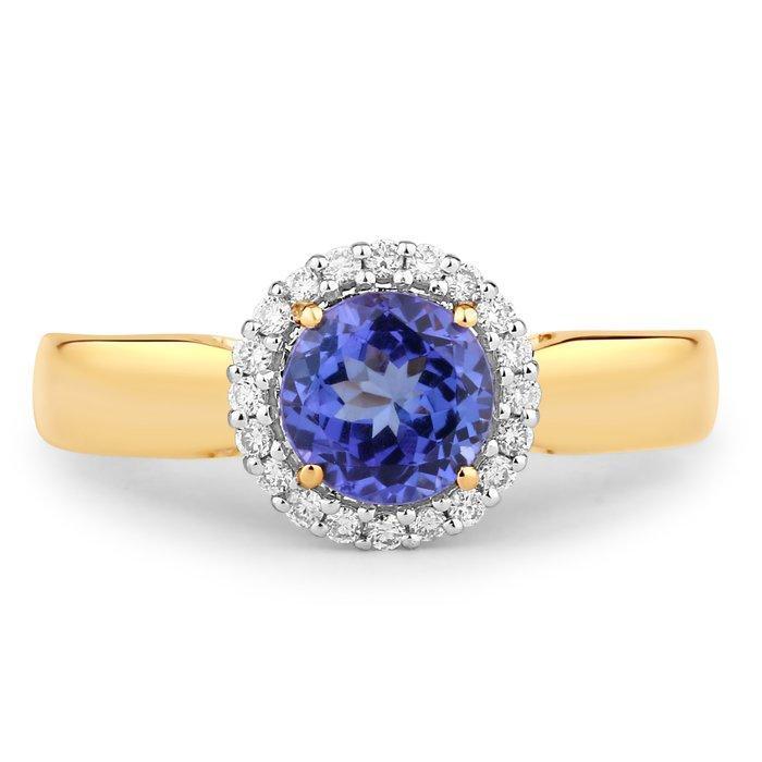 Ring - 14 karaat Geel goud - 1.10ct. tw. Tanzaniet - Diamant, Handtassen en Accessoires, Ringen