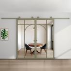 Dubbele stalen schuifdeur Olijfgroen 5 Vlaks rond Helder gla, Nieuw, Metaal, 75 tot 150 cm, 150 tot 225 cm