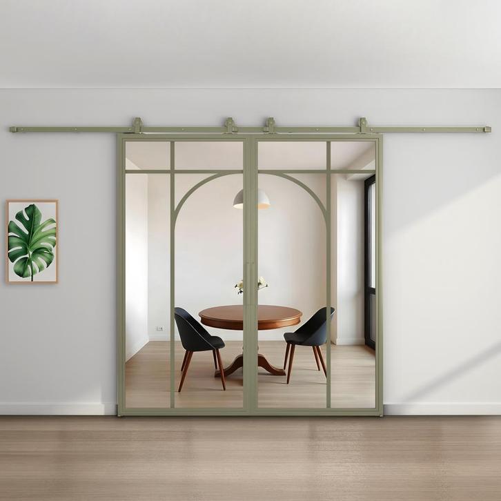 Dubbele stalen schuifdeur Olijfgroen 5 Vlaks rond Helder gla, Doe-het-zelf en Bouw, Raamkozijnen en Schuifdeuren, Nieuw, 75 tot 150 cm