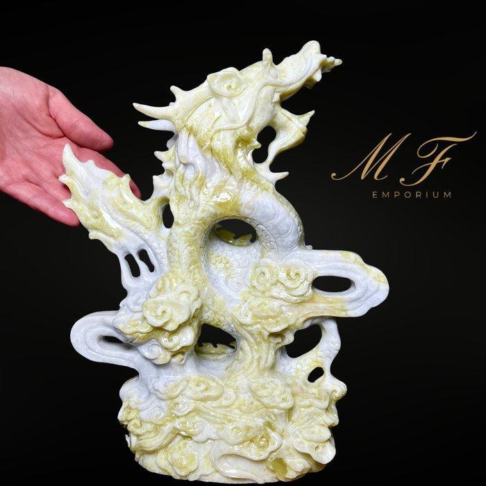 XXL - Uitzonderlijk beeldhouwwerk in jade citroen. Gravure -, Collections, Minéraux & Fossiles