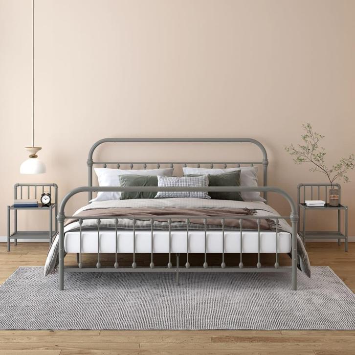 vidaXL Nachtkastjes 2 st metaal en glas grijs en zwart, Huis en Inrichting, Slaapkamer | Nachtkastjes, Nieuw, Verzenden