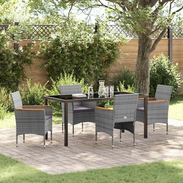 vidaXL Tuin Eettafel Set met kussen 5 pcs Grijs Poly rattan, Tuin en Terras, Tuinsets en Loungesets, Nieuw, Verzenden