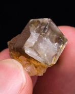 Doorzichtige fluorietkubus Op een matrix bedekt met kwarts -, Verzamelen, Mineralen en Fossielen