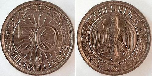 Duitsland 50 Reichspfennig 1930 D vorzueglich/stempelglanz, Postzegels en Munten, Munten | Europa | Niet-Euromunten, België, Verzenden