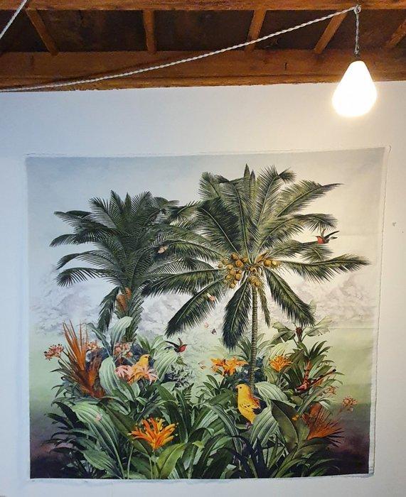 Uniek katoenen paneel in jungle-stijl met papegaaien -, Antiquités & Art, Tapis & Textile