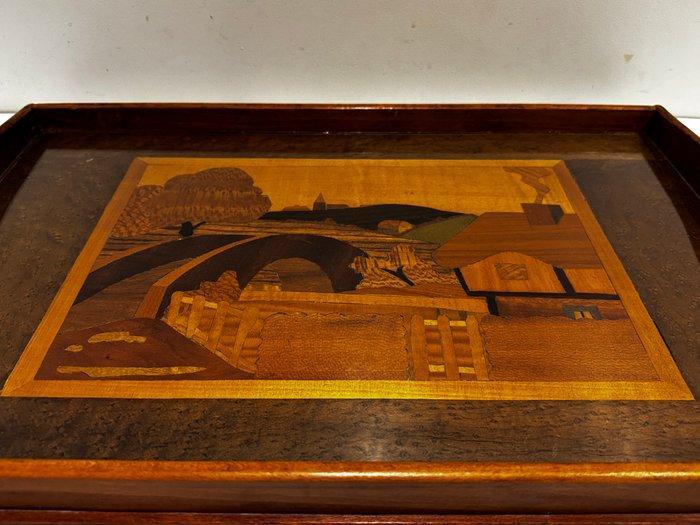 Dienblad - Glas, Hout - Vintage marquetry houten serveerblad, Antiek en Kunst, Kunst | Designobjecten