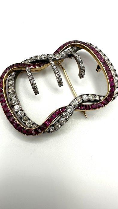 Broche - 14 karaat Geel goud, Platina - 10.00ct. tw. Diamant, Handtassen en Accessoires, Antieke sieraden