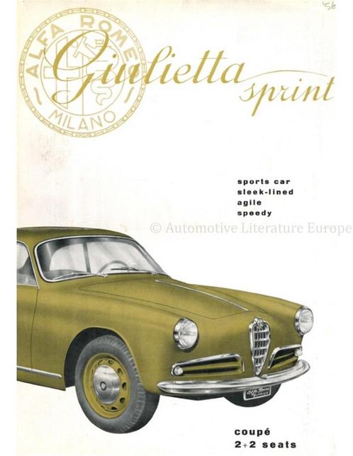 1956 ALFA ROMEO GIULIETTA SPRINT BROCHURE ENGELS, Boeken, Auto's | Folders en Tijdschriften