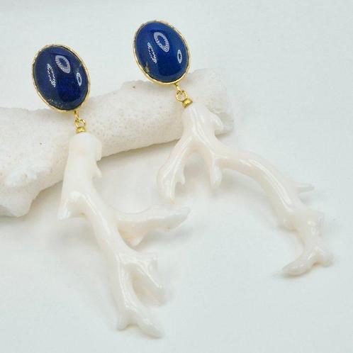 Koraal - Verguld, Zilver - Oorbellen - Witte koraal en lapis, Antiek en Kunst, Curiosa en Brocante