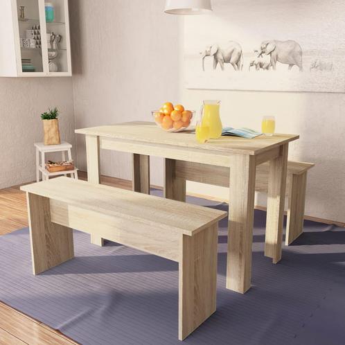 vidaXL Eettafel en banken 3 st bewerkt hout eikenkleurig, Huis en Inrichting, Complete eetkamers, Nieuw, Verzenden