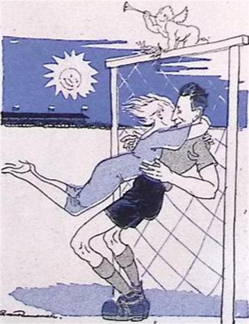 Vrouw omhelst voetballer op spotprent (lijst optie, Lithos) beschikbaar voor biedingen