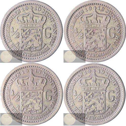 Nederland. Wilhelmina. 1/2 Gulden 1910, 1912, 1913 & 1919, Postzegels en Munten, Munten | Nederland