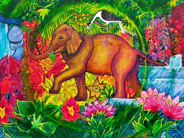 Claudine Suret-Canale - Léléphant et loiseau, Antiek en Kunst, Kunst | Schilderijen | Klassiek