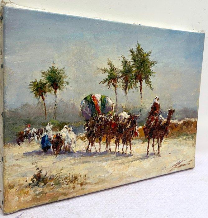 Mikhail Kraiev (1957) - Caravane arrivant dans un Oasis -, Antiek en Kunst, Kunst | Schilderijen | Klassiek