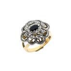 Gouden entourage ring met saffier en diamant | ca. 0,51 ct., 18 tot 19, Gebruikt, Overige kleuren, Ophalen of Verzenden