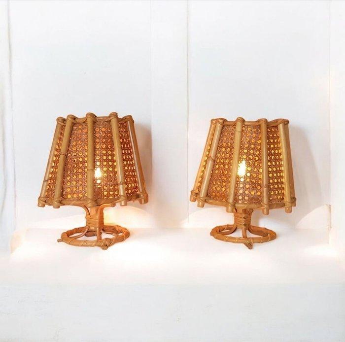 Lamp - Rattan, Bamboe - Paar lampen van rotan met cannage en, Antiek en Kunst, Kunst | Designobjecten