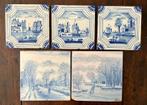 Cinq tuiles (Bleu de Delft) : avec un paysage d'hiver