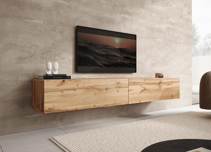 Meubella | TV-Meubel - Eiken - 200cm | Staand of hangend, Huis en Inrichting, Kasten |Televisiemeubels, 25 tot 50 cm, Nieuw, 200 cm of meer